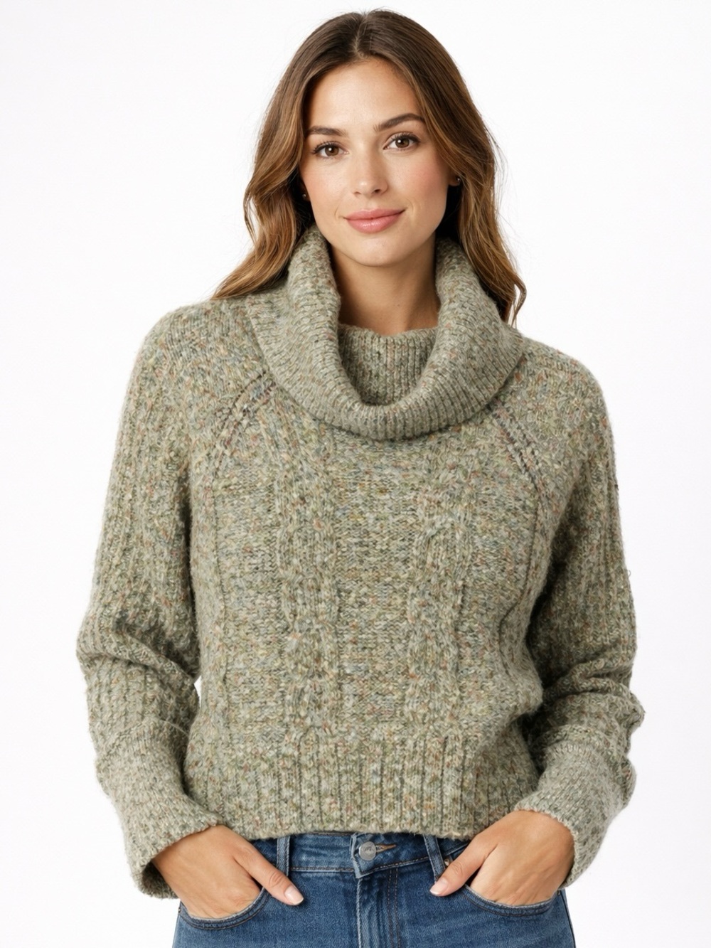 Moon & Madison Cropped Cowl Turtle Neck Sweater Variegated Green Small